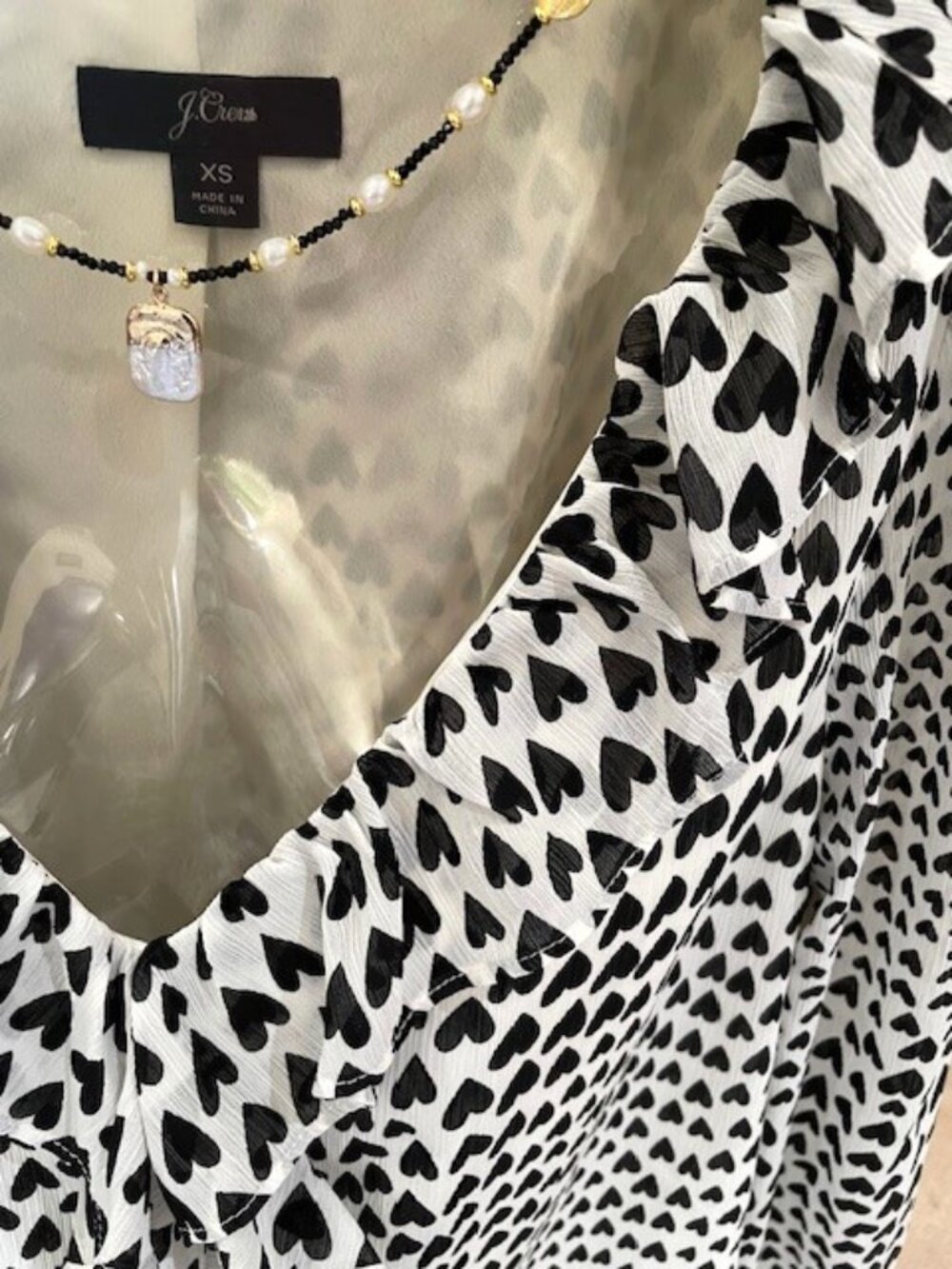 J. Crew Ruffle Trim Allover Heart print Blouse White/Black